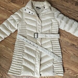 Brooks Brothers 346 Size 14 Women Puffer Coat Goose Down Parka Beige Hood Belted